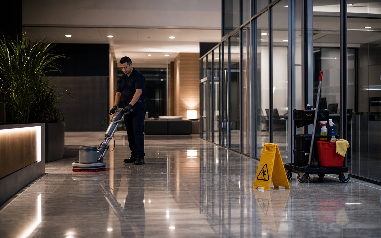 Technician buffing a commercial lobby floor